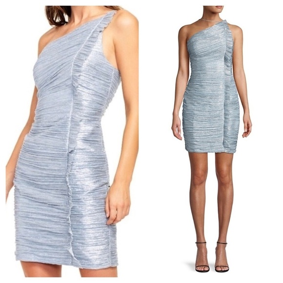 Aidan Mattox / One Shoulder ruched ruffle mini Bodycon cocktail dress ice blue 0 - Picture 1 of 6